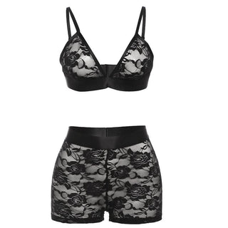 V neck lace see through solid cami pant set