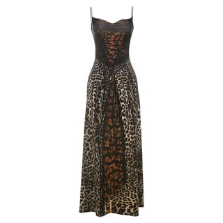Leopard print lace up spaghetti strap maxi dress