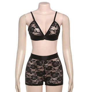 V neck lace see through solid cami pant set