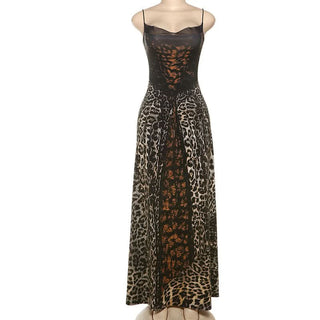 Leopard print lace up spaghetti strap maxi dress