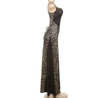 Leopard print lace up spaghetti strap maxi dress