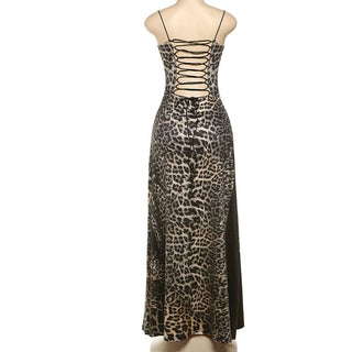 Leopard print lace up spaghetti strap maxi dress