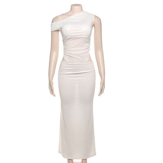 Mesh one shoulder irregular ruched maxi dress