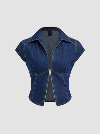 Denim Polo Neck Zip Through Blouse
