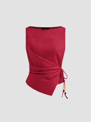 Linen-blend Beaded Knotted Ruched Tank Top