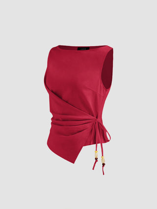 Linen-blend Beaded Knotted Ruched Tank Top