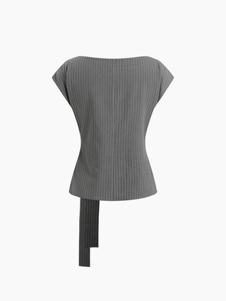 Woven Boat Neck Stripe Knotted Oversized Top For Work