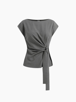 Woven Boat Neck Stripe Knotted Oversized Top For Work