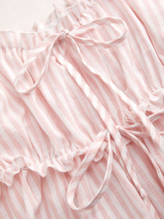 Cotton-blend Stripe Drawstring Ruffle Hem Tank Top & Low Rise Drawstring Trousers Loungewear Set