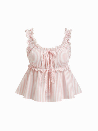 Cotton-blend Stripe Drawstring Ruffle Hem Tank Top & Low Rise Drawstring Trousers Loungewear Set