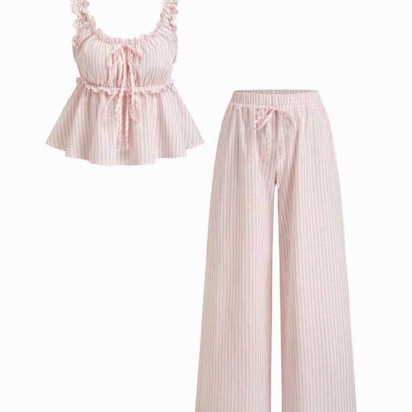 Cotton-blend Stripe Drawstring Ruffle Hem Tank Top & Low Rise Drawstring Trousers Loungewear Set