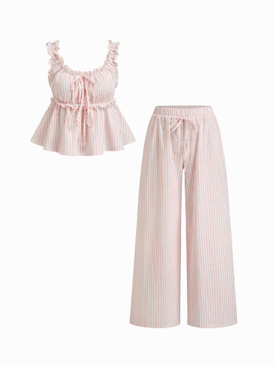 Cotton-blend Stripe Drawstring Ruffle Hem Tank Top & Low Rise Drawstring Trousers Loungewear Set