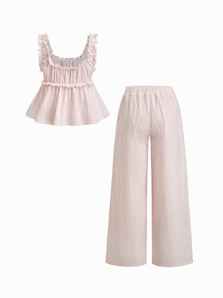 Cotton-blend Stripe Drawstring Ruffle Hem Tank Top & Low Rise Drawstring Trousers Loungewear Set