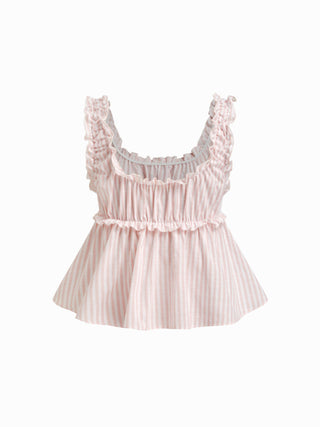 Cotton-blend Stripe Drawstring Ruffle Hem Tank Top & Low Rise Drawstring Trousers Loungewear Set