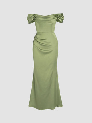 Satin Sculptural Ruched Off-shoulder Mermaid Maxi Dress