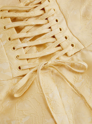 Jacquard Sculptural Halter V-neck Lace Up Backless Ruffle Mini Dress