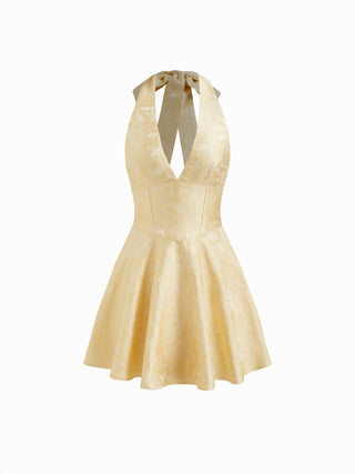 Jacquard Sculptural Halter V-neck Lace Up Backless Ruffle Mini Dress