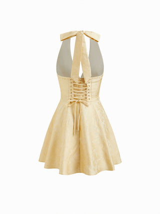 Jacquard Sculptural Halter V-neck Lace Up Backless Ruffle Mini Dress