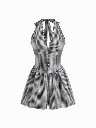 Gingham Halter Neckline Shirred Romper