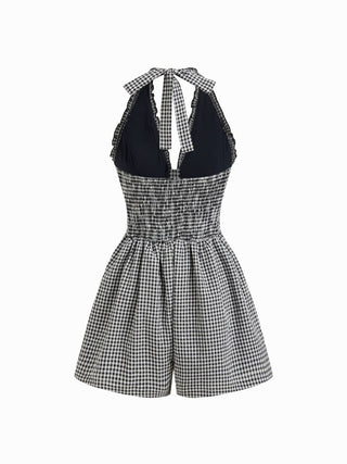 Gingham Halter Neckline Shirred Romper