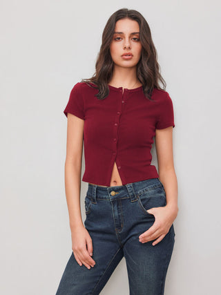 Round Neckline Solid Button Short Sleeve Top