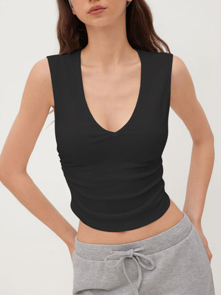 Cotton-blend V-neck Ruched Tank Top