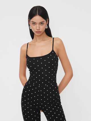 Cotton-blend Polka Dot Capri Jumpsuit
