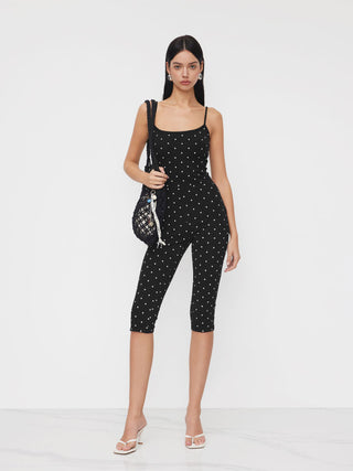 Cotton-blend Polka Dot Capri Jumpsuit