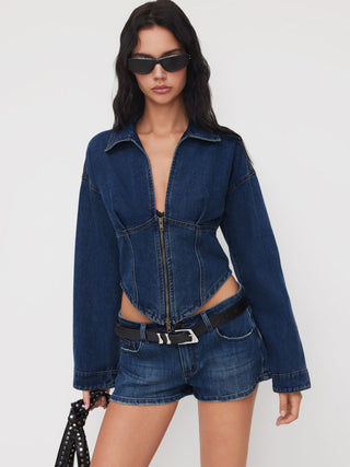 Denim Collar Solid Corset Zipper Jacket