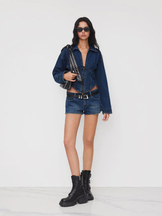 Denim Collar Solid Corset Zipper Jacket