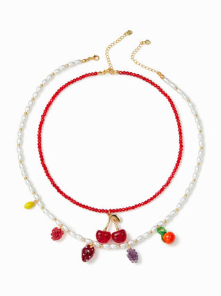 2PCS FRUIT PENDANT FAUX PEARL & BEADED NECKLACE
