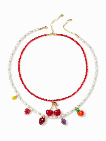 2PCS FRUIT PENDANT FAUX PEARL & BEADED NECKLACE