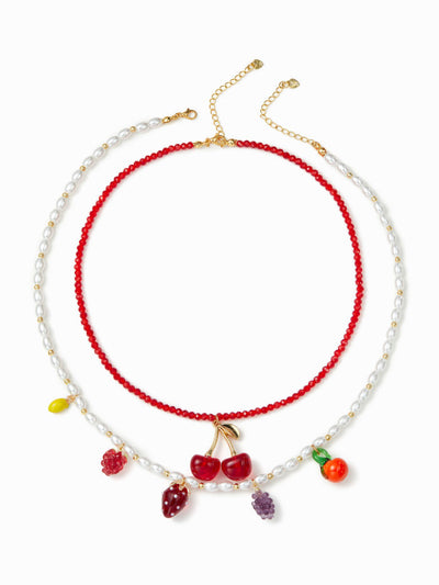 2PCS FRUIT PENDANT FAUX PEARL & BEADED NECKLACE