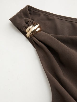 Asymmetrical Neck Metal Detail Cut Out Ruched Mini Dress