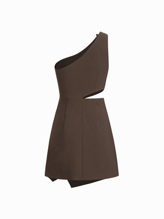 Asymmetrical Neck Metal Detail Cut Out Ruched Mini Dress