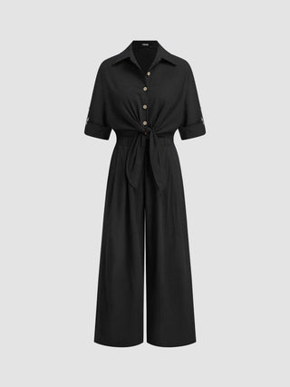 Linen-blend Linen-blend Collar Knotted Roll Hem Oversized Jumpsuit For Work