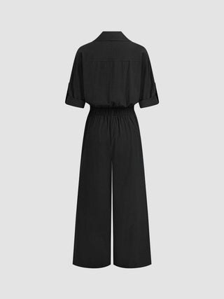 Linen-blend Linen-blend Collar Knotted Roll Hem Oversized Jumpsuit For Work