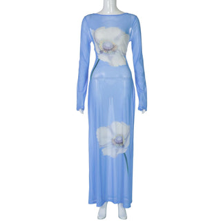 Long sleeve flower print self tie mesh maxi dress