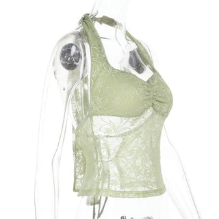 Lace halter self tie v neck ruched top