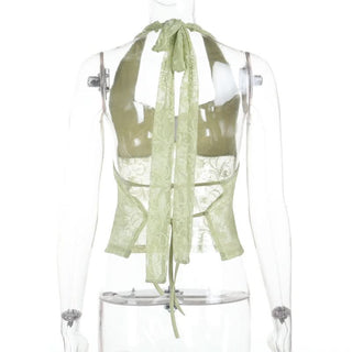 Lace halter self tie v neck ruched top