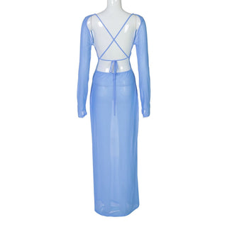 Long sleeve flower print self tie mesh maxi dress