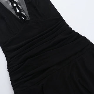 V neck ruched mesh solid mini dress