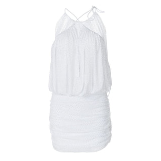 Ruched mesh beaded cross front mini dress