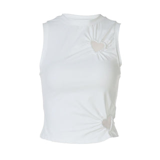 Crewneck heart hollow out ruched solid cut out top