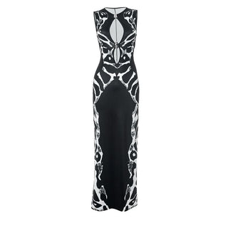Hollow out slit snakeskin print crewneck cut out maxi dress