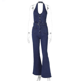 Button zip-up halter buckle denim jumpsuit