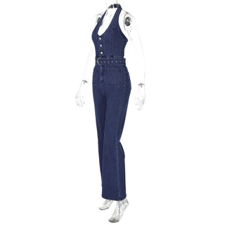 Button zip-up halter buckle denim jumpsuit