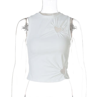 Crewneck heart hollow out ruched solid cut out top