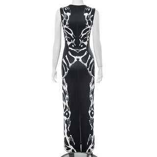 Hollow out slit snakeskin print crewneck cut out maxi dress