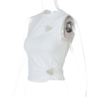 Crewneck heart hollow out ruched solid cut out top